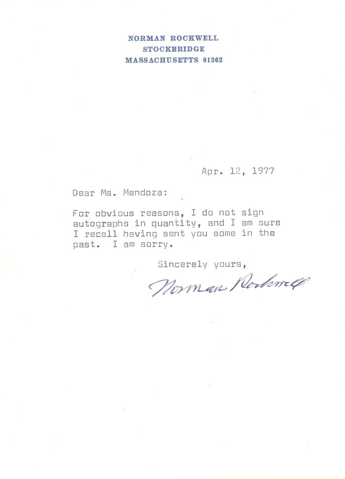 Norman Rockwell signed Type Letter Signed - Autograph